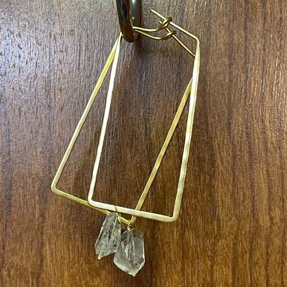 brass rectangle earrings w/ raw stone/crystal - Picture 11 of 11
